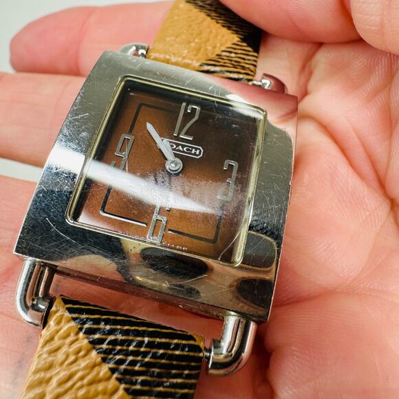 Coach Silver Square Bronze Face Watch Tan Plaid Watchband - Picture 6 of 14